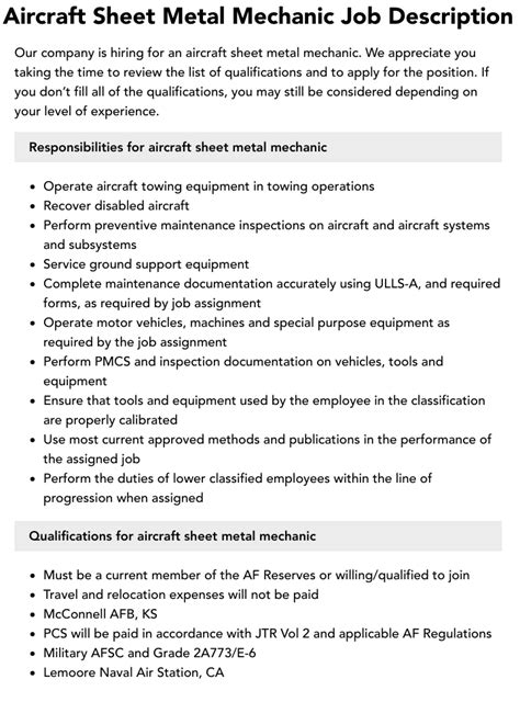 aircraft sheet metal job description|aircraft sheet metal hiring.